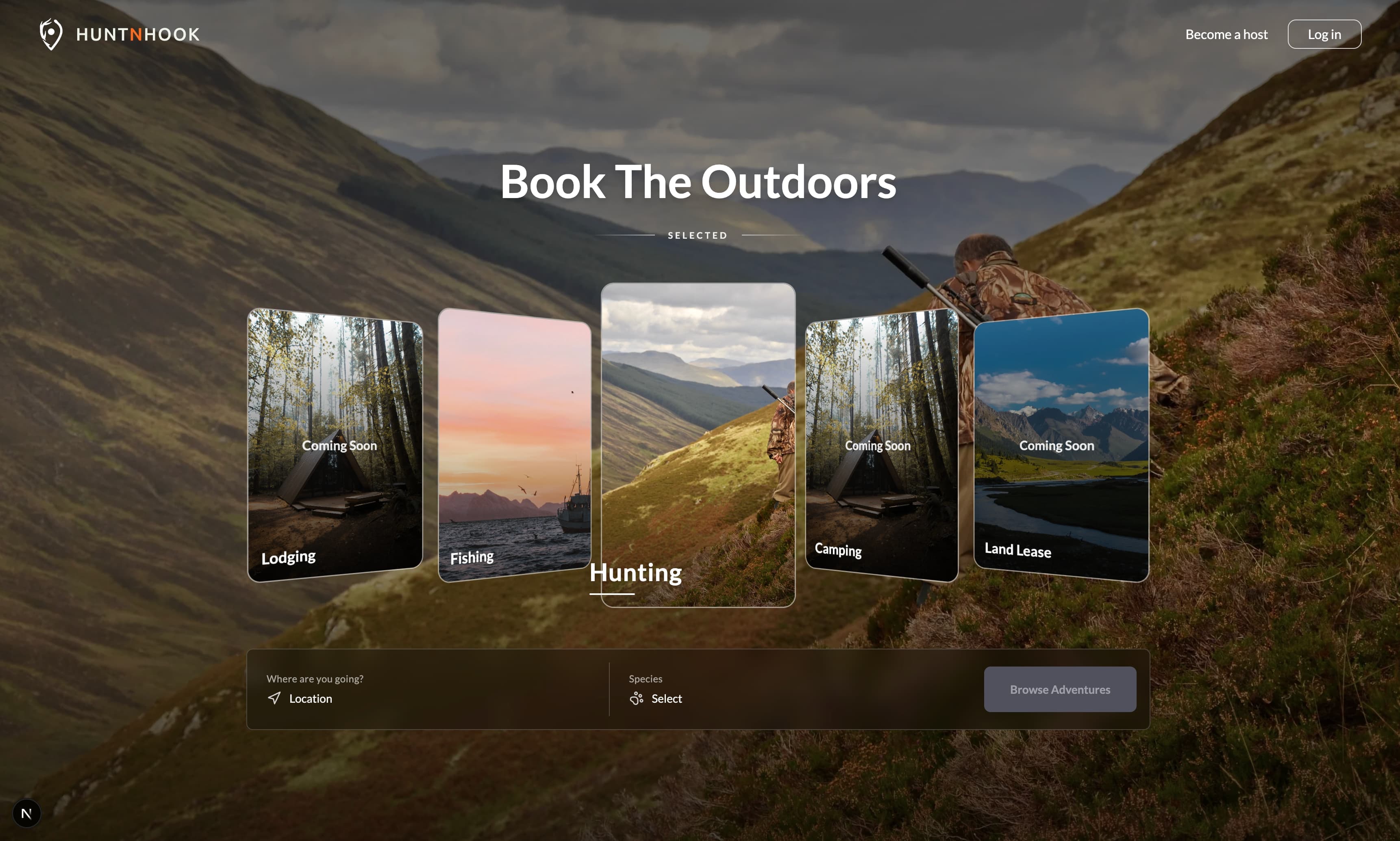 Landing page with category selection and search